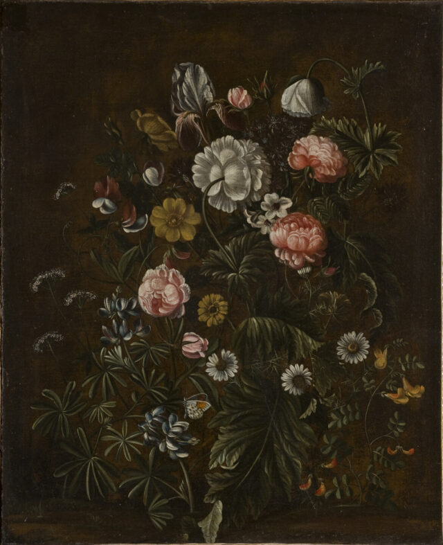 Light pink and white wild roses, yellow daisies, and irises are set against a muted brown background. The flower arrangement takes up the entirety of the canvas. A butterfly perches on an iris bloom at the bottom of the painting.