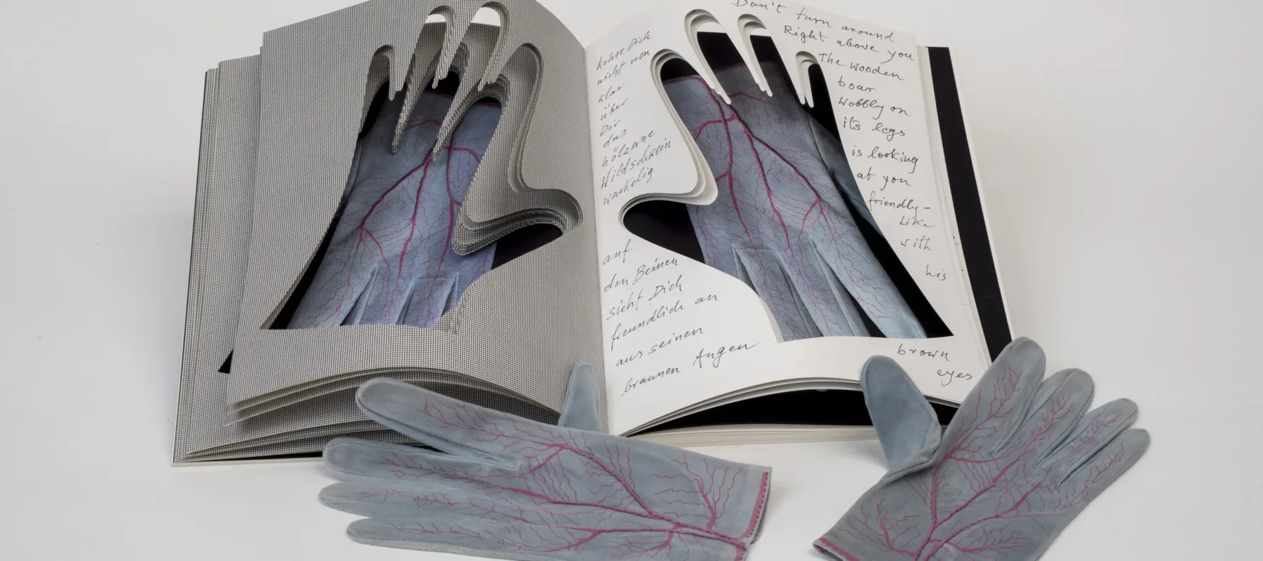 An open book into whose pages the shapes of hands have been cut. Gray gloves painted with red veins are visible through the cutouts. An identical pair of gloves rest next to the book.