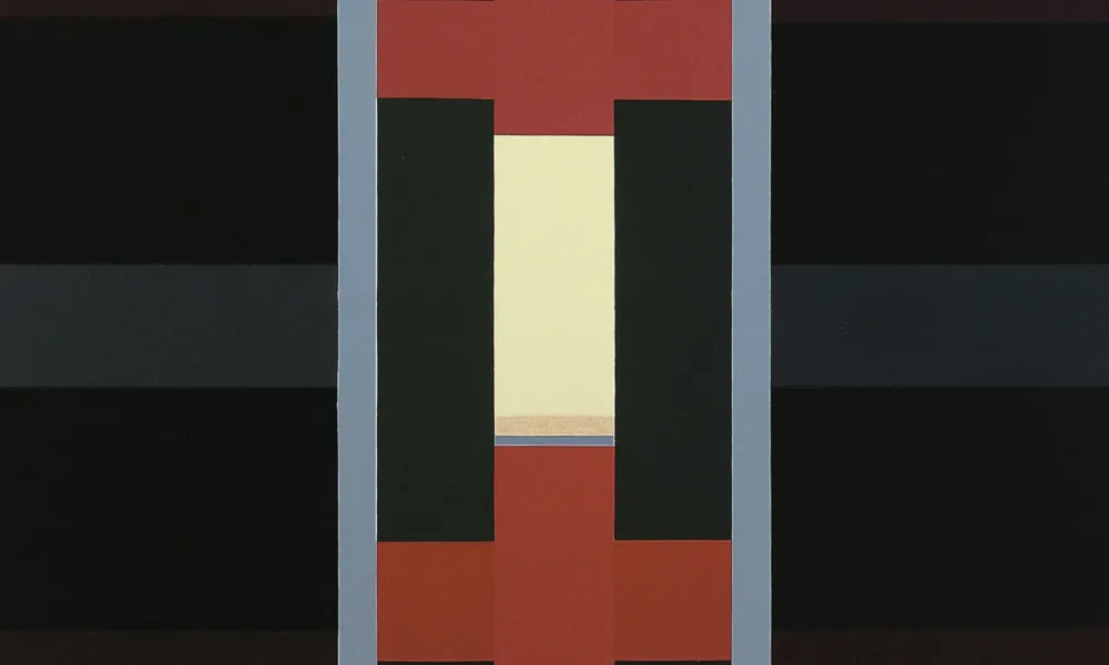 Abstract painting of varying sizes of rectangles divided into three vertical sections flanked by thin, light blue stripes. The central composition includes red cross-shapes with cream, grey and black rectangles; on either side are symmetrical black, brown, and gray horizontal stripes.