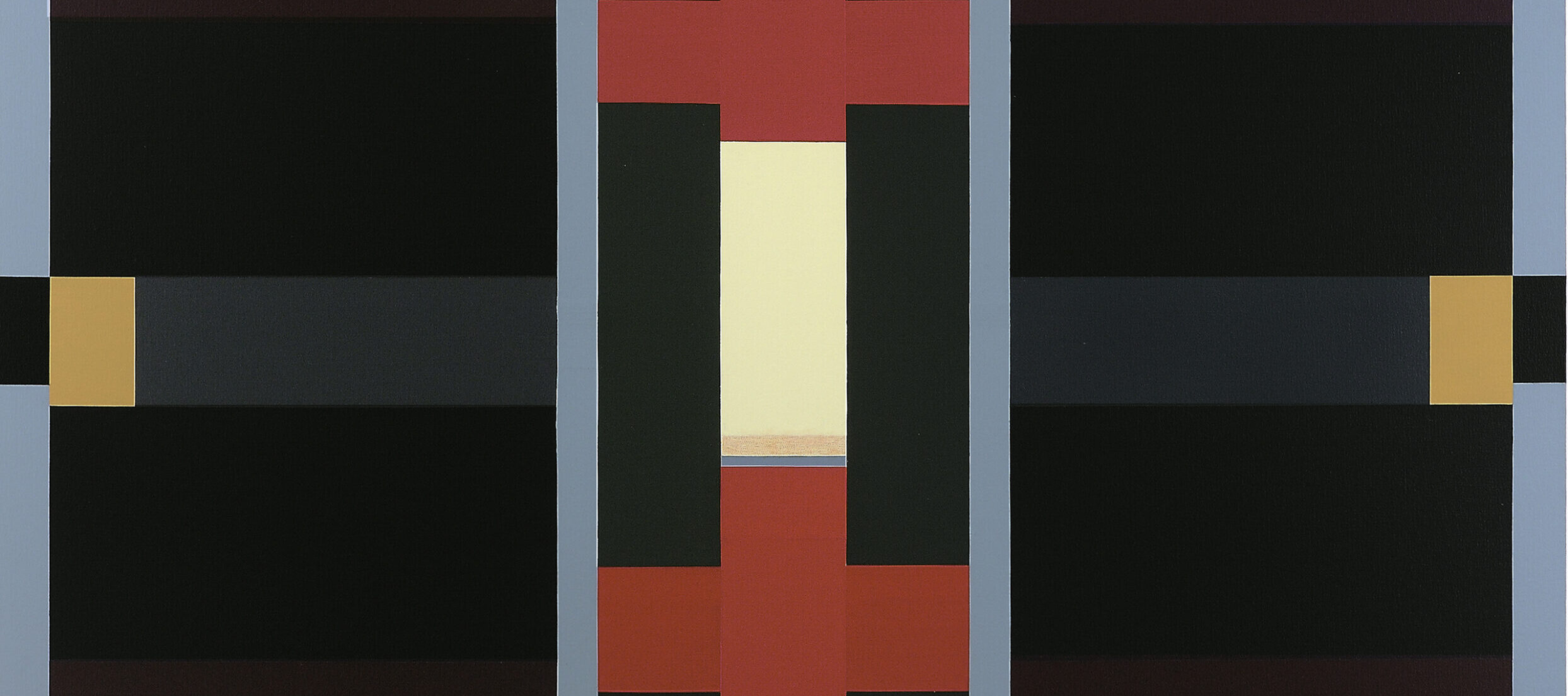 Abstract painting of varying sizes of rectangles divided into three vertical sections flanked by thin, light blue stripes. The central composition includes red cross-shapes with cream, grey and black rectangles; on either side are symmetrical black, brown, and gray horizontal stripes.