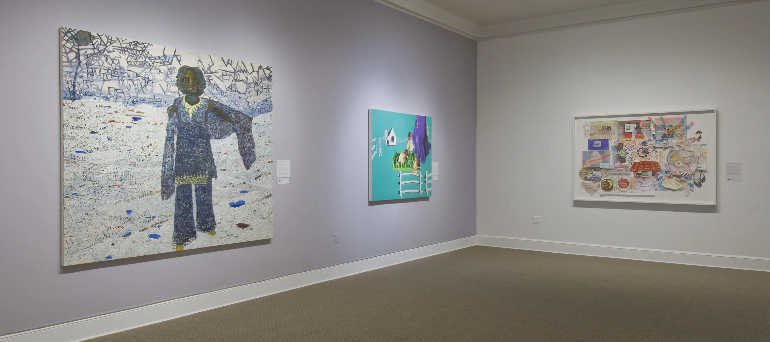 Two large paintings hang on a lavender wall. In the first, a dark-skinned woman stands in a white landscape, and in the other, a fence, house, and large birds float on a solid turquoise background. On the other white wall is an abstract multimedia work with houses, cakes, and patterns.