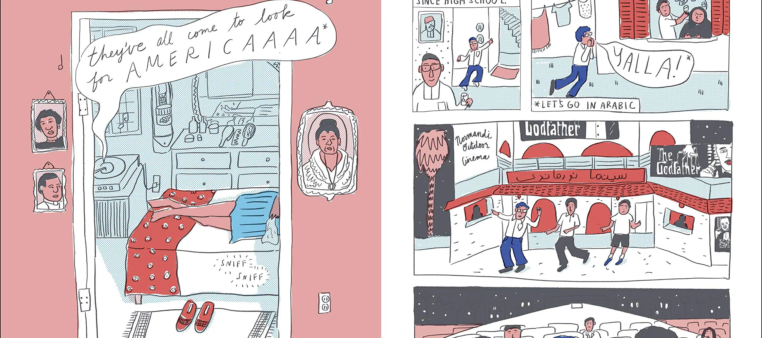 Interior detail from "I Was Their American Dream" which depicts, in cartoon format, a storyline happening in a home.