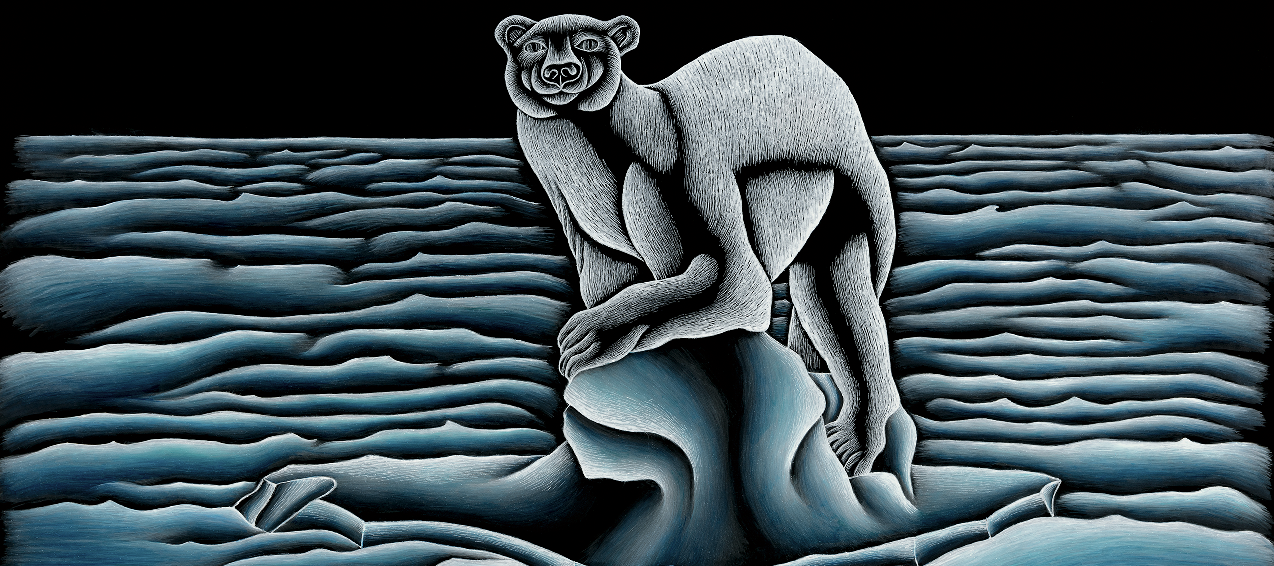 Painting on black glass shows a polar bear standing on a small block of ice in a choppy ocean and staring out at viewer.
