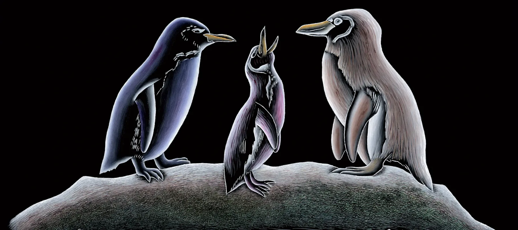 Painting on black glass of three penguins. The smallest is standing in the middle with its bill open to the sky as if waiting to be fead while the two larger penguins stare towards it. The words 'Only 1600 pair left' and 'killing them off' is written by hand at the bottom.