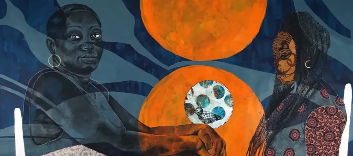 A mixed-media work shows two seated figures facing each other; the first woman sits cross-legged staring confidently out at viewer while the second woman is masked and gazes elsewhere. In the background blue abstract shapes with two orange orbs fill the space between them.