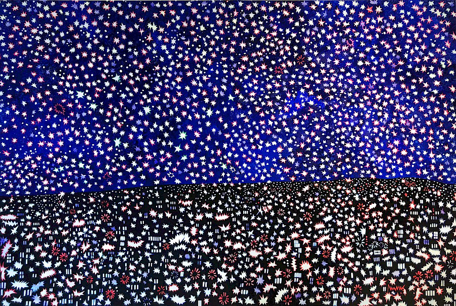 A painting divided into two equal horizontal sections. The top section is a deep, mottled indigo blue; the bottom is black. Both are filled with small, explosive white star motifs that form a dizzying yet peaceful pattern across both the night sky and the dark ground beneath.