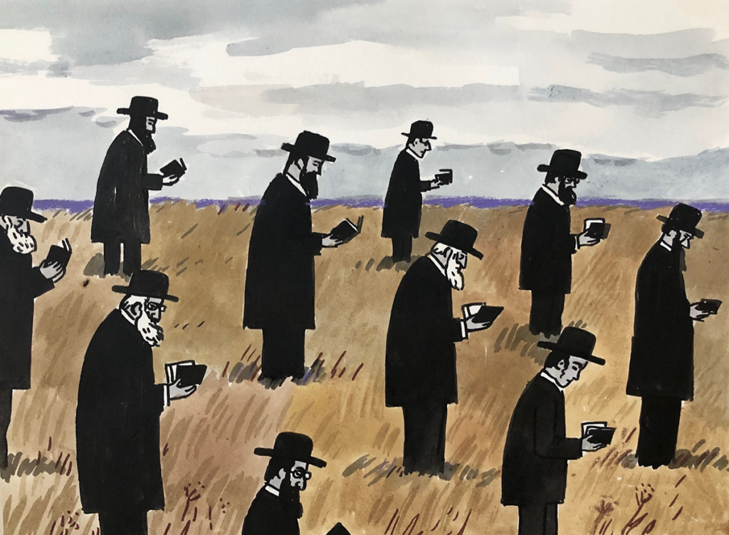 A group of men stand in a wheat field in diagonal equal rows facing to the right. They wear black overcoats, black pants and black wide-brimmed hats, and each looks down the small black book they hold open in their palms. The sky is striped in gray clouds behind them.