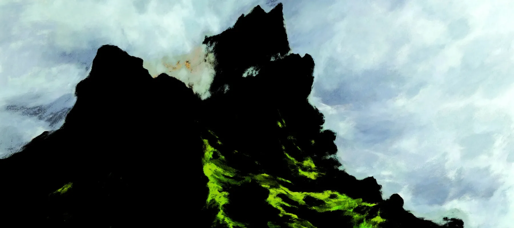 Oil painting with expressive, brushy strokes depicting a mossed mountain and cloudy sky