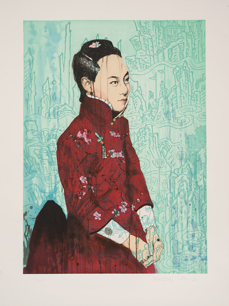 A light-skinned Chinese woman standing against a turquoise backdrop of mountains and Chinese people. She wears a red cheongsam with a turquoise brooch, and her black hair is neatly combed into a bun and held with a pin. A subtle, dark gray drippy texture is layered over her.