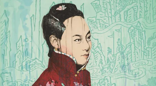 A light-skinned Chinese woman with dark hair is depicted in 3/4 view in front of a teal blue background. She wears a red traditional dress.