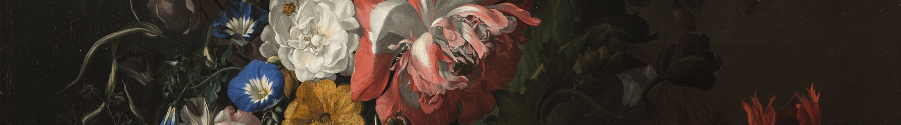 A still life painting featuring an asymmetrical arrangement of flowers; the central section features pink, orange, yellow, and blue flowers and is dramatically highlighted compared to the background and outer edge of arrangement.