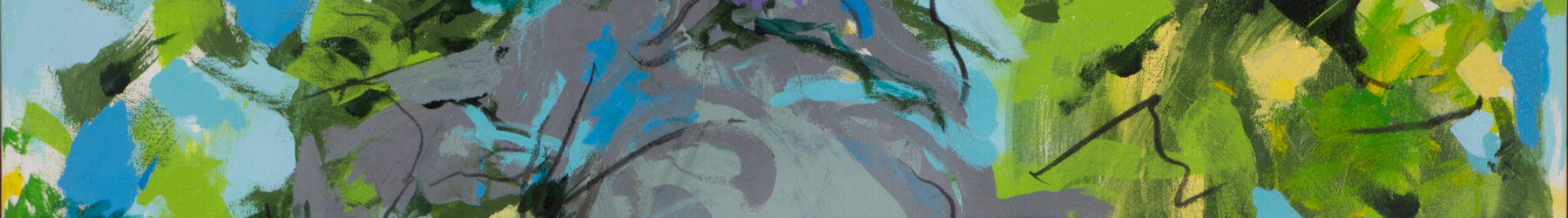 Abstract painting with barely discernable gray figures at the center with black outlines and turquoise and purple highlights. Figures are surrounded by gestural brushstrokes of green, yellow, and blue.