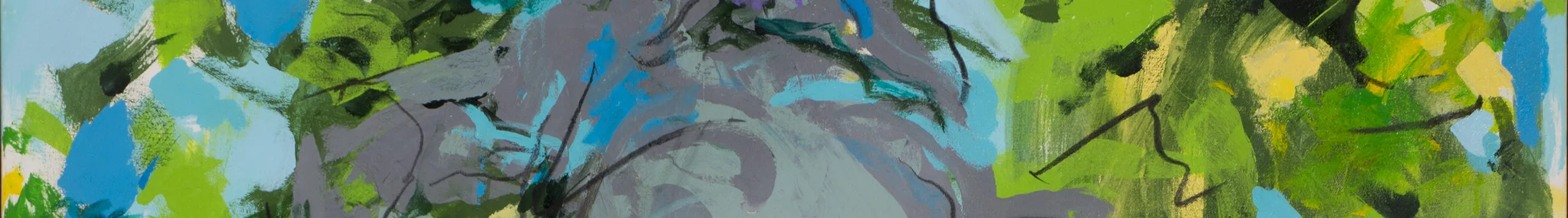 Abstract painting with barely discernable gray figures at the center with black outlines and turquoise and purple highlights. Figures are surrounded by gestural brushstrokes of green, yellow, and blue.