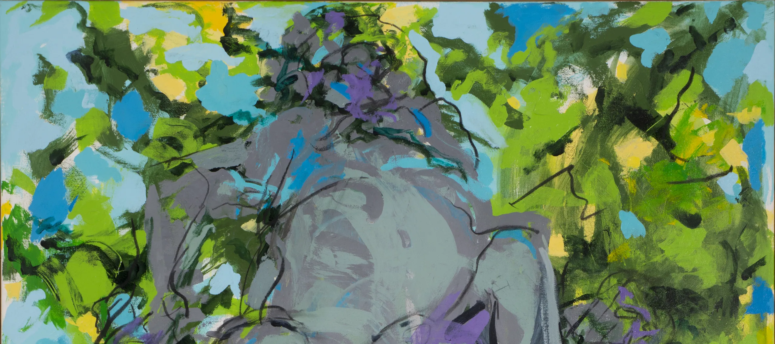 Abstract painting with barely discernable gray figures at the center with black outlines and turquoise and purple highlights. Figures are surrounded by gestural brushstrokes of green, yellow, and blue.