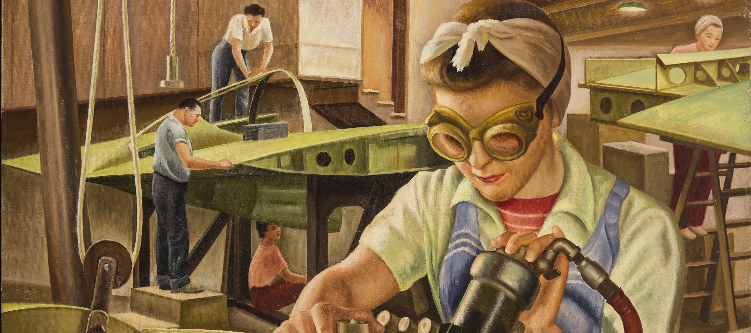 Painting of a light-skinned woman wearing safety goggles and working with machinery in an industrial warehouse setting. In the background, other light-skinned figures work on airplane parts.