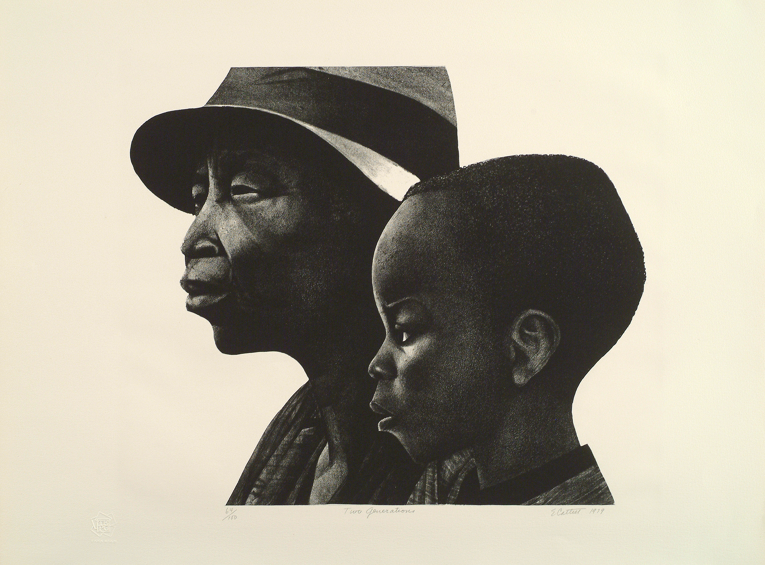 A black-and-white print of two dark-skinned individuals in profile, facing left. The person in the background is an older adult wearing a brimmed hat, and in the foreground and slightly to the right is a young child with coarse hair cut close to the head.