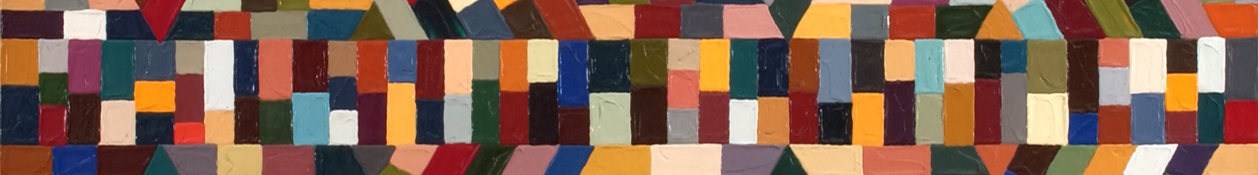 Geometric abstract painting composed of different colored squares arranged in a mosaic-like pattern.