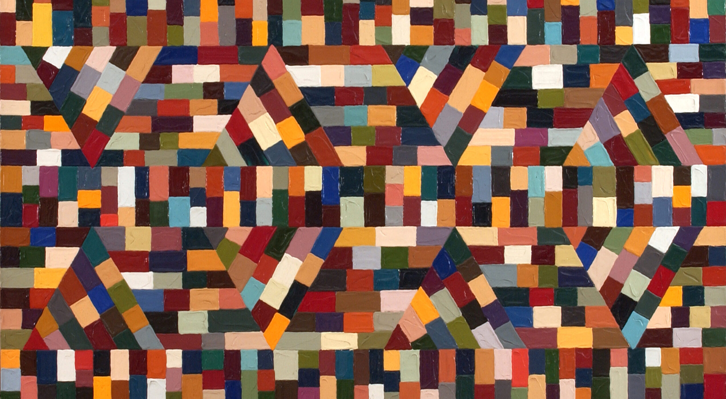 Geometric abstract painting composed of different colored squares arranged in a mosaic-like pattern.