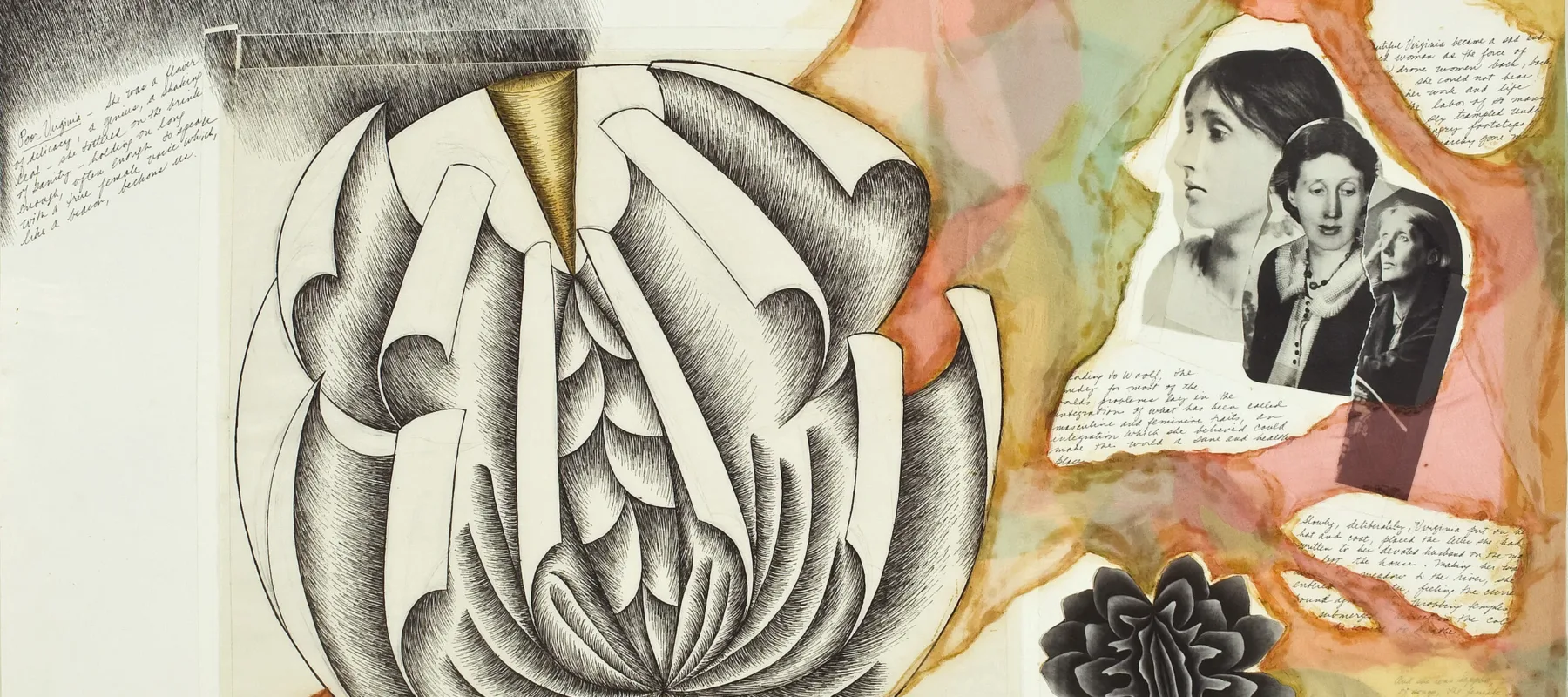 Mixed media work on paper shows a large ink drawing of a sculptural plate with page-like leaves unfurling in a round, flower-like pattern. Smaller plate deisgns, collaged photographs of the author, and her written words are surrounded by pink, orange, yellow and green watercolor.