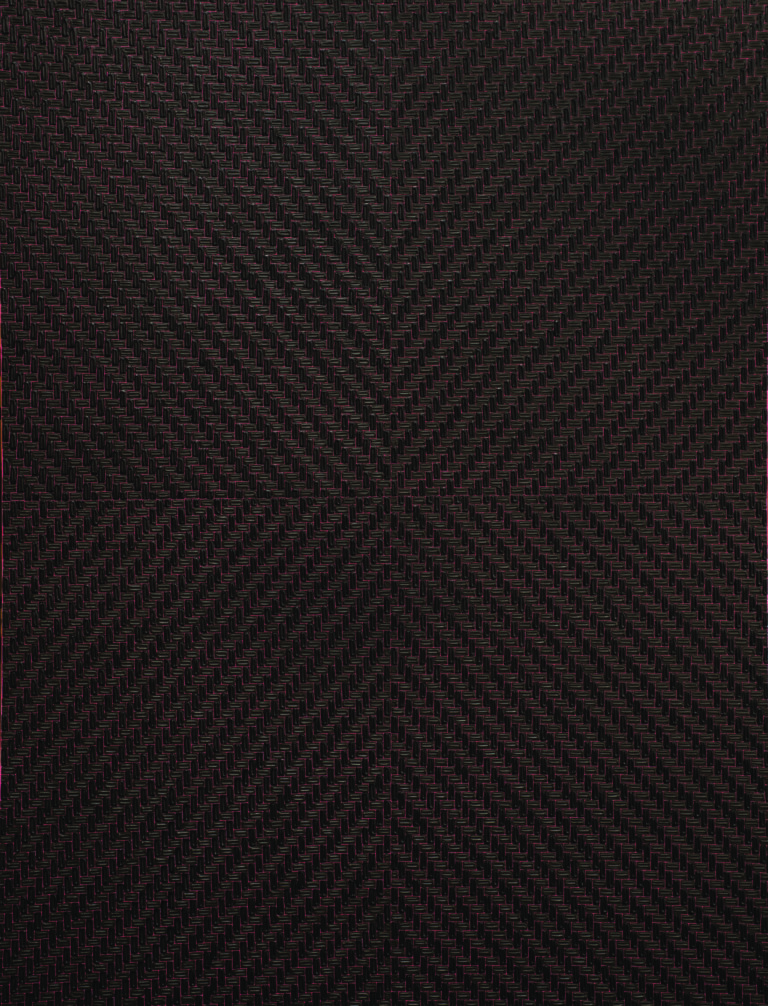 A vertical rectangle with a dense, textile-like pattern is divided into quadrants. Evenly sized, lozenge-shaped dark brushstrokes radiate out diagonally from a center point, nearly hiding a bright pink ground.