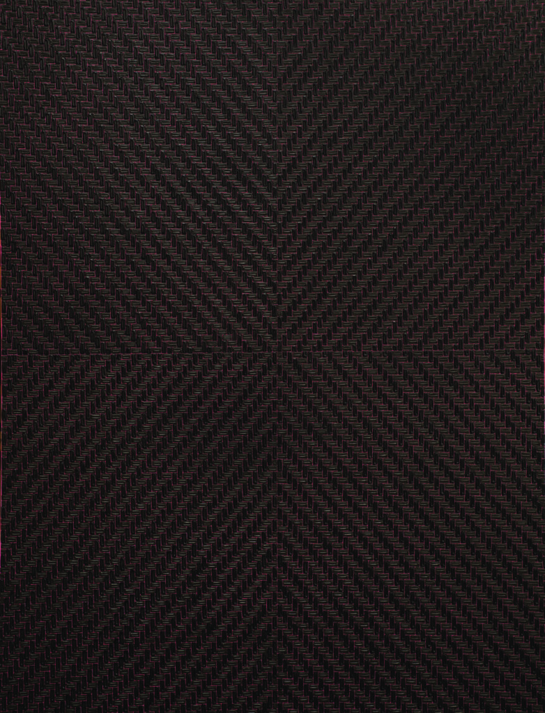 A vertical rectangle with a dense, textile-like pattern is divided into quadrants. Evenly sized, lozenge-shaped dark brushstrokes radiate out diagonally from a center point, nearly hiding a bright pink ground.