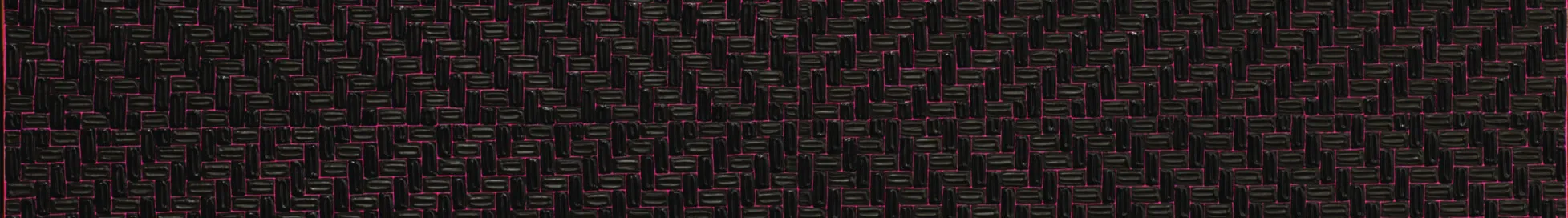 A vertical rectangle with a dense, textile-like pattern is divided into quadrants. Evenly sized, lozenge-shaped dark brushstrokes radiate out diagonally from a center point, nearly hiding a bright pink ground.