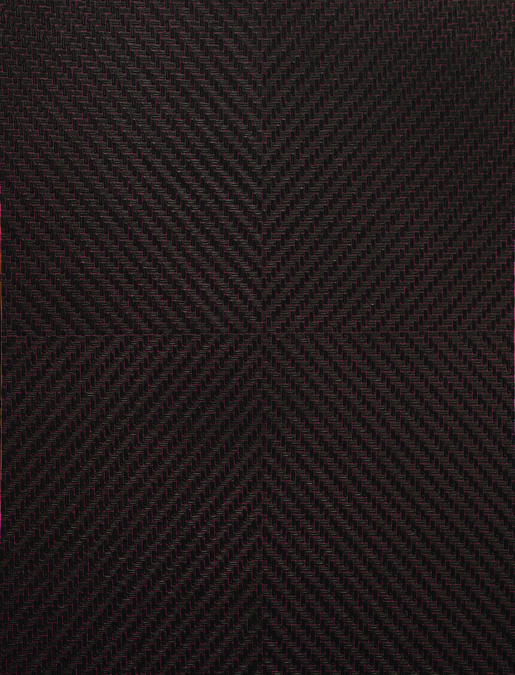 A vertical rectangle with a dense, textile-like pattern is divided into quadrants. Evenly sized, lozenge-shaped dark brushstrokes radiate out diagonally from a center point, nearly hiding a bright pink ground.
