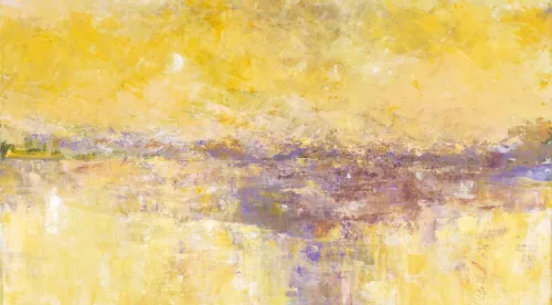 Serene abstract painting composed of short vertical strokes in shades of pale yellow and purple.