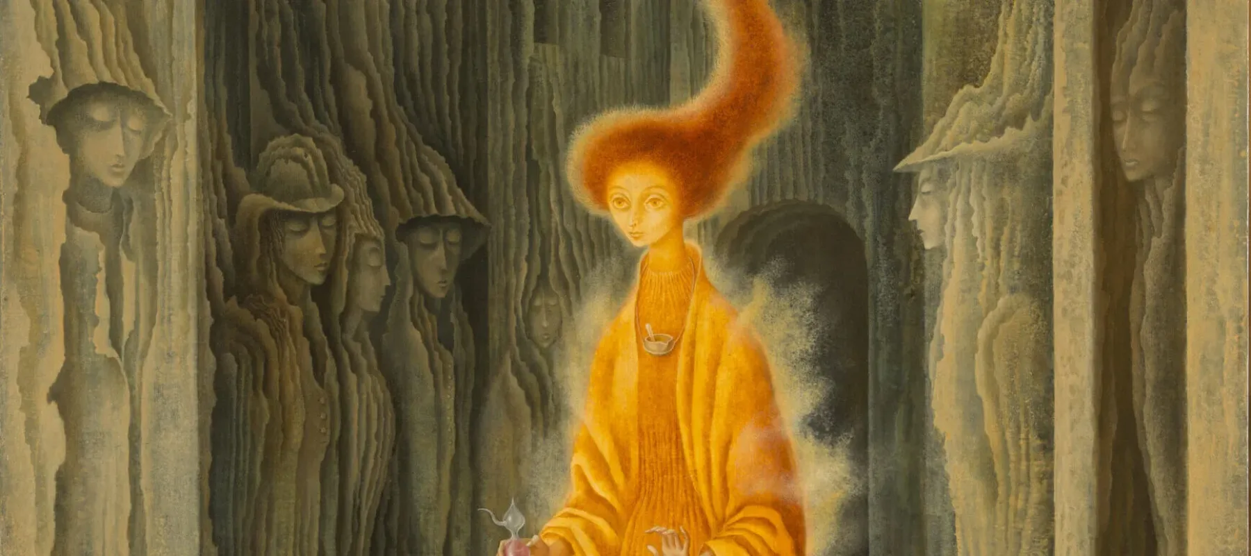 Rendered with precise brushwork, a tall, thin figure strides forward wearing flowing, orange garments emanating a misty golden aura. Her fiery red hair stretches heavenward, encircling a celestial orb. Figures appear encased in the walls of the concave structure surrounding her.