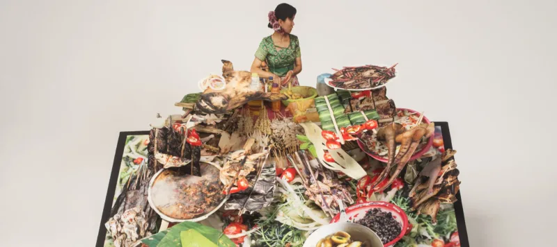 Large-scale pop-up book with a dark haired woman behind a huge display of food. She wears a green dress and purple flowers in her hair and turns to look over her left shoulder. The food explodes forward with bowls of soup, skewered meat, banana leaves, pig tail, and more.