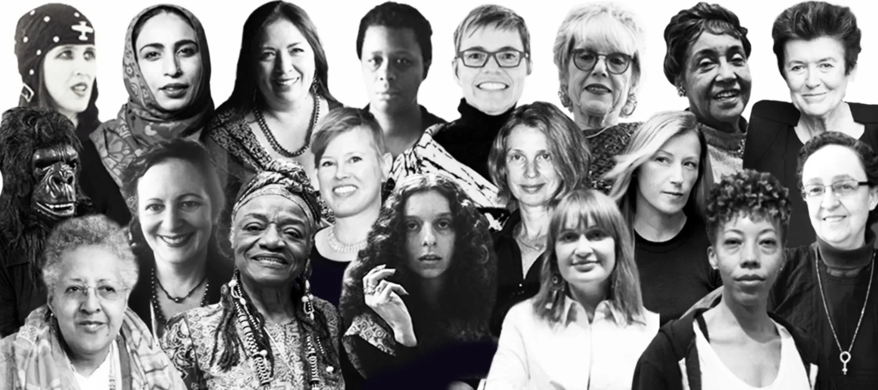 Black and white photo collage of around twenty different women artists shown from the shoulders up.