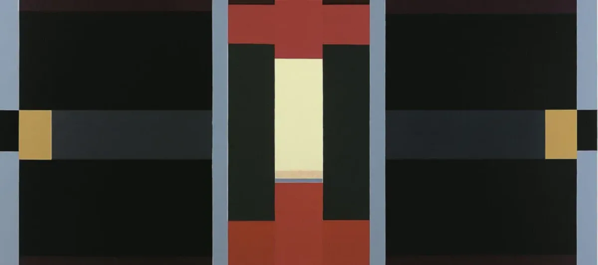 Abstract painting of varying sizes of rectangles divided into three vertical sections flanked by thin, light blue stripes. The central composition includes red cross-shapes with cream, grey and black rectangles; on either side are symmetrical black, brown, and gray horizontal stripes.