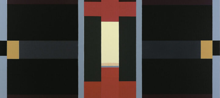 Abstract painting of varying sizes of rectangles divided into three vertical sections flanked by thin, light blue stripes. The central composition includes red cross-shapes with cream, grey and black rectangles; on either side are symmetrical black, brown, and gray horizontal stripes.