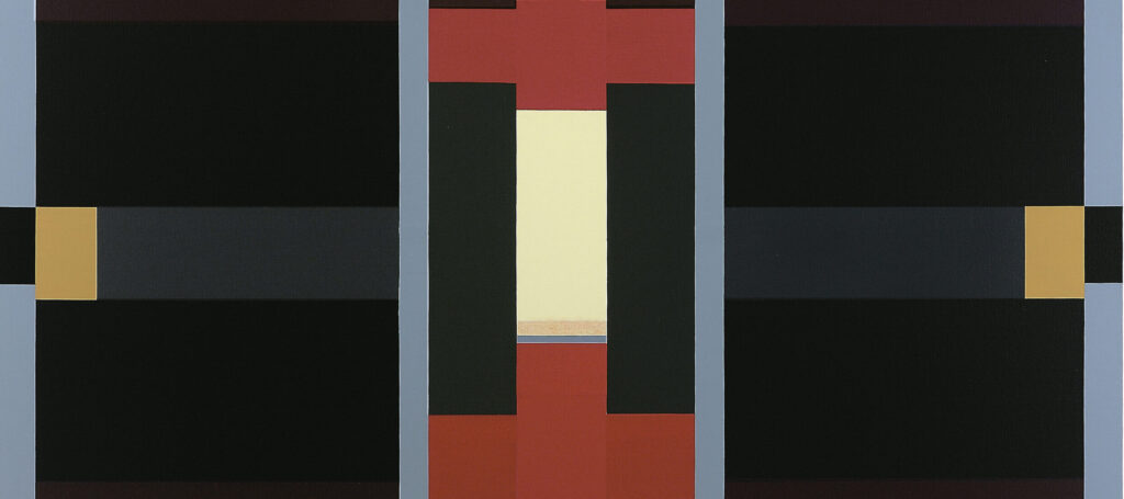 Abstract painting of varying sizes of rectangles divided into three vertical sections flanked by thin, light blue stripes. The central composition includes red cross-shapes with cream, grey and black rectangles; on either side are symmetrical black, brown, and gray horizontal stripes.