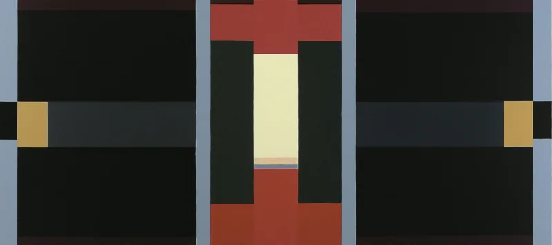 Abstract painting of varying sizes of rectangles divided into three vertical sections flanked by thin, light blue stripes. The central composition includes red cross-shapes with cream, grey and black rectangles; on either side are symmetrical black, brown, and gray horizontal stripes.