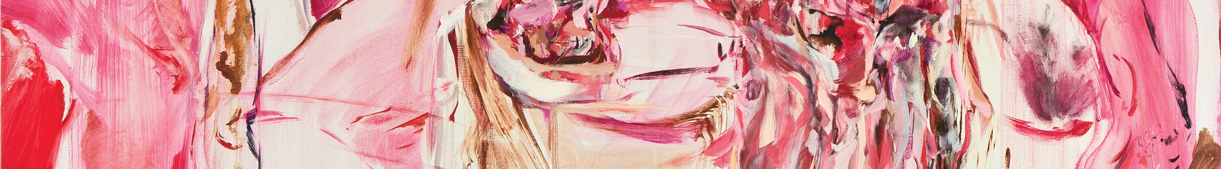 Abstract painting that depicts a reclining female nude using various shades of pink and white.
