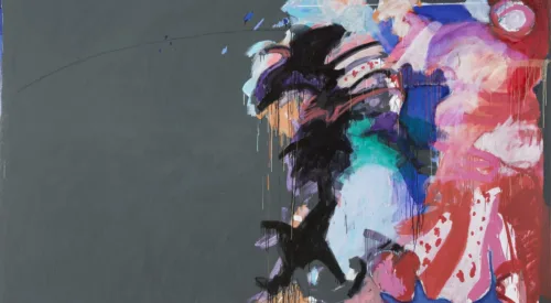 Large abstract work shows half the painting with solid dark gray paint on the right and swirling paint in pinks, blues, black, and purples on the right.