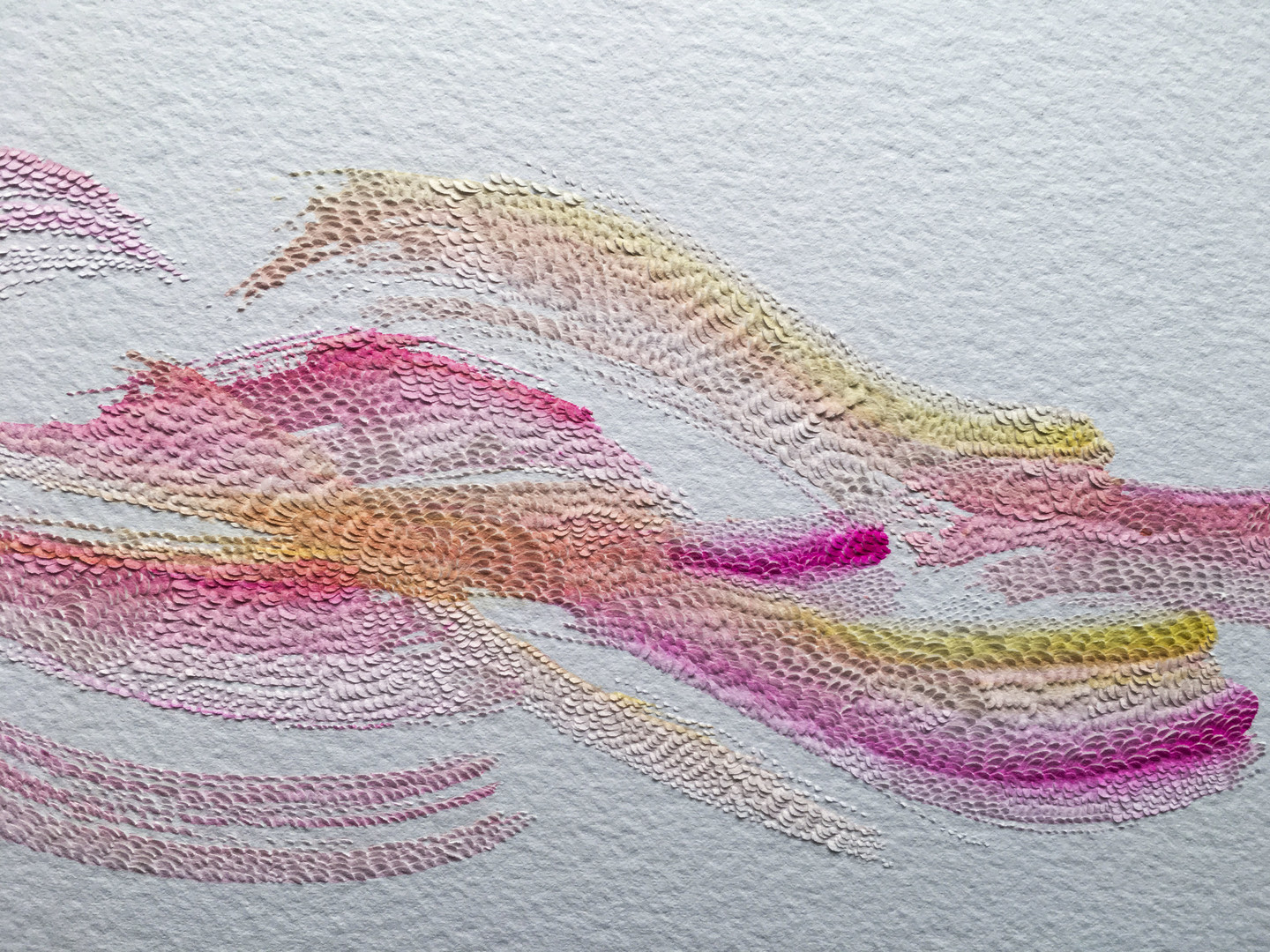 Vibrantly colored strokes of watercolor in shades of magenta, orange, and yellow, flow across white paper, giving the impression of waves.