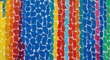 Abstract painting composed of brightly colored, lozenge-shaped brushstrokes in vertical stripes of navy, purple, turqouise, yellow, orange and red.The overall effect is as if the painting was collaged out of torn pieces of paper, with the white of the canvas showing through.