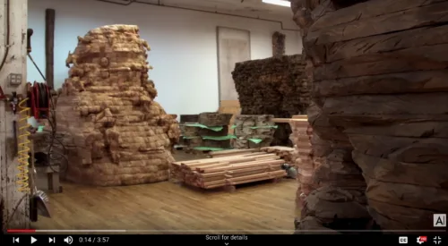 Still image from video about Ursula von Rydingsvard shows a large room with large cedar sculptures.