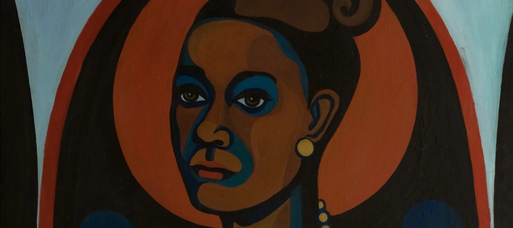 Modernist portrait of a dark-skinned woman with her hair styled in a 1960's updo, wearing pearl earrings and a pearl necklace. In a style akin to Cubism, solid-colored shapes in browns, blues, black and orange, are arranged to create the overall image.