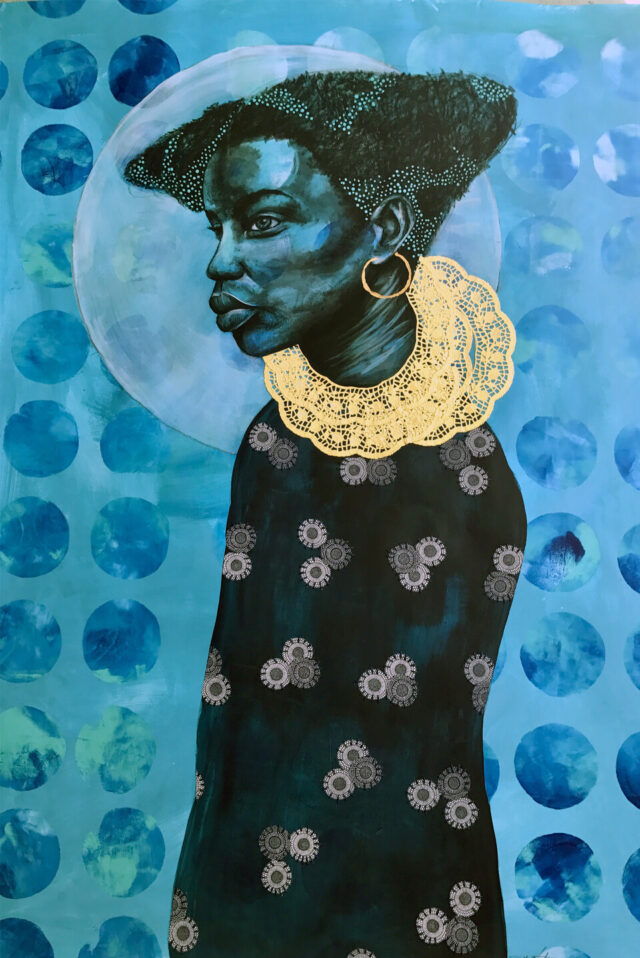 A dark-skinned person faces left with bushy, short, dark hair; gold hoop earrings; and a gold, lacy collar of ruffles. The blue background has fading circles, and a translucent white halo surrounds their head. Their body is a long, dark silhouette with trios of white, small circles.