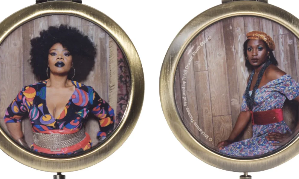 Two sides of a compact mirror, each featuring a photographic portrait of a black woman.