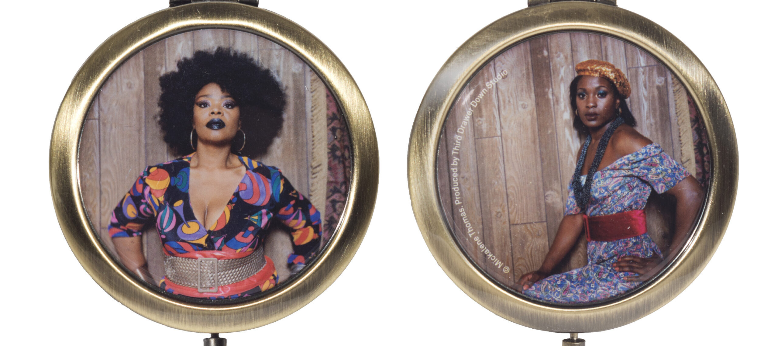 Two sides of a compact mirror, each featuring a photographic portrait of a black woman.