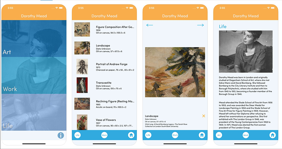 Four screenshots of different app pages. The homepage has sections for Art, Work, and Life; another page has a list of painting thumbnails; one page shows one painting, larger; the last shows a black and white photograph of a woman with paragraphs of biographical information.