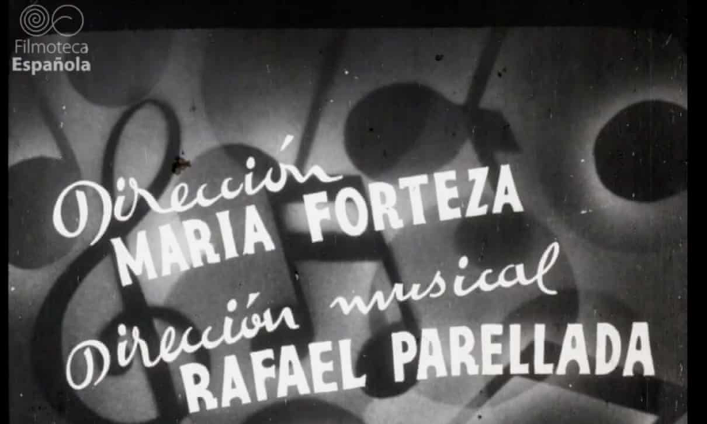 A black-and-white film still. In the center, slightly askew, the name "Maria Forteza" is written in bold capital letters. The title “Dirección” is written in script above her name. Large music notes and symbols comprise the background, and the screen is marked by dust and blemishes.