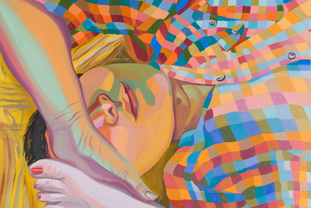 A close-up painting of a person reclining on their back, with their left arm lifted so their hand rests over their eyes. Three toes of a foot are seen next to their head at the bottom left. They wear a colorful, checkered button down shirt. The artist uses bright colors to render light and shadow in organic shapes across the figure’s skin.