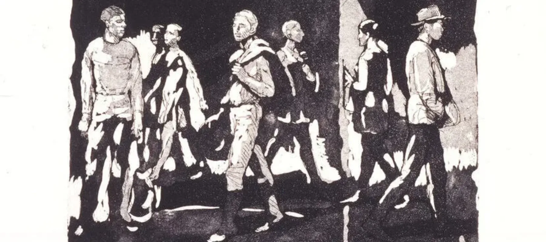 Print of men and women moving through space. Their black and white figures blend into the environment, with patches of light and shadow on their clothing flattening space. Some wear hats, others carry jackets slung over their shoulders, each moving in their own direction.