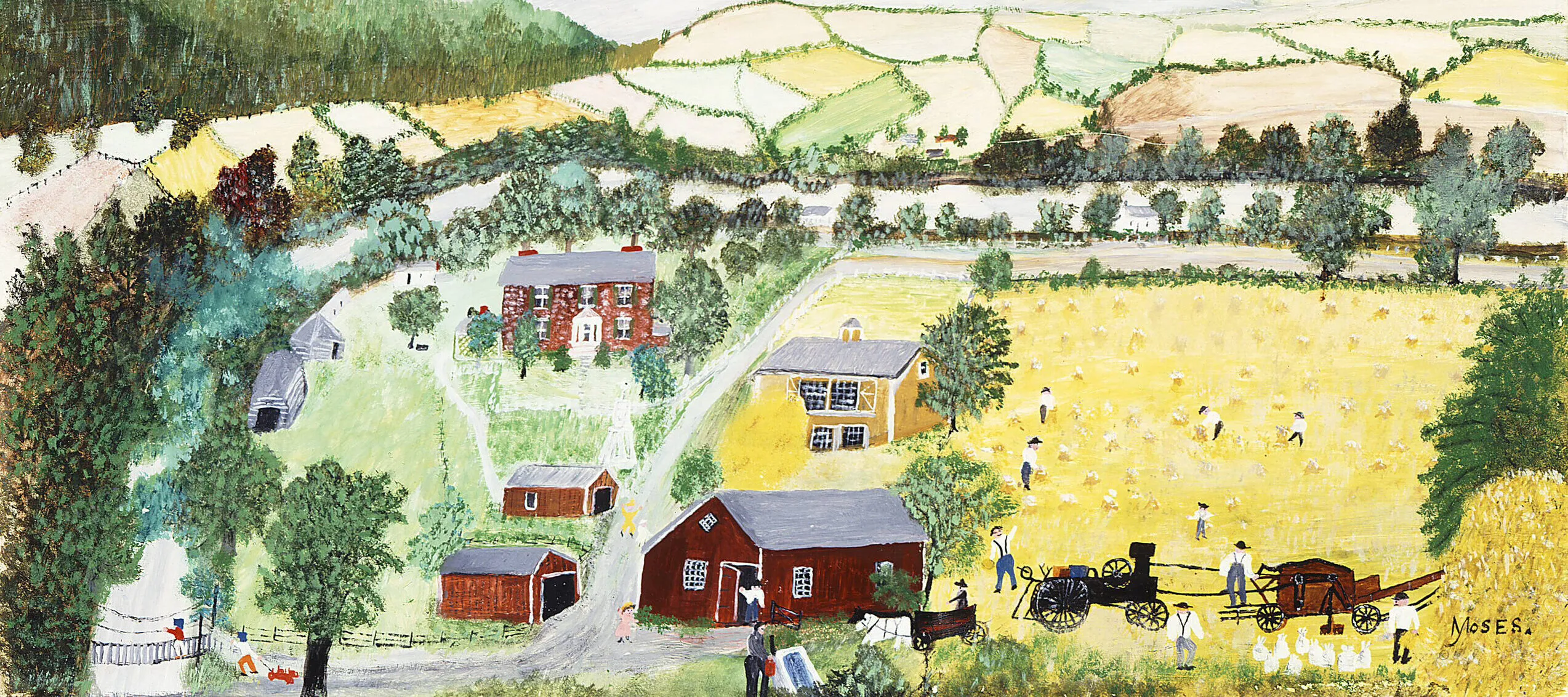 Bucolic landscape rendered in a naive, folk-style of painting. The horizontal composition features a patchwork of yellow and green fields on rolling hills set against a blue-gray sky. In the foreground study farm buildings surround small figures tending to the land.