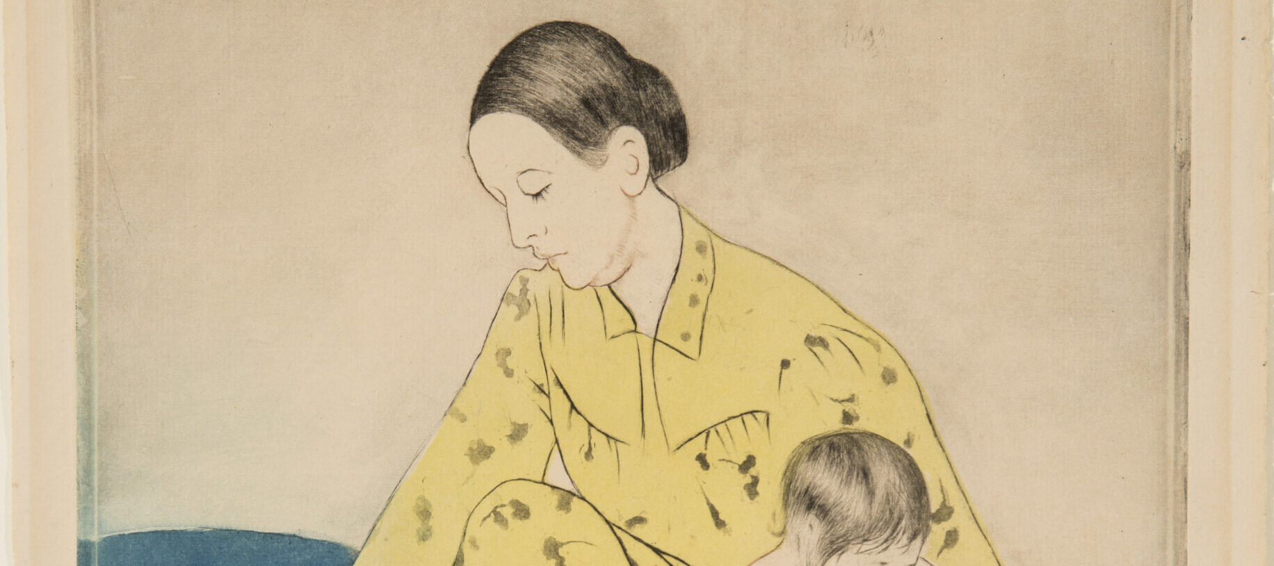 A print shows a dark-haired, light-skinned woman wearing a yellow dress and kneeling near a blue tub. Her right hand tests the water, and her left gently restrains a naked child who faces the opposite direction as if squirming away. Minimal shading flattens the space they occupy.